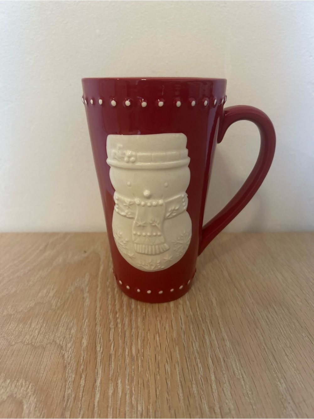 Hallmark Red Ceramic Mug with Cream Snowman Relief